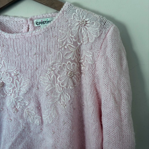 VTG 80s Cristina beaded floral Floral Cream Grandmacore Crewneck Chunky Knit Swe - Picture 3 of 8